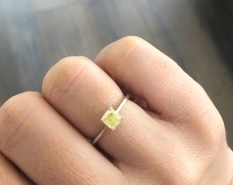 A Unique Natural Fancy Yellow Diamond Ring, White Gold Fancy Diamond Engagement Ring, cushion Cut Ring Square Shaped Diamond Fancy Yellow
