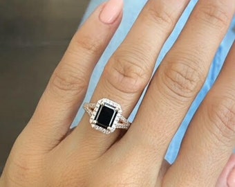 Big Emerald Cut Black Diamond Ring, 2.70 Carat Black Diamond Engagement Ring with Halo, Black Diamond Promise Ring For Women 14k Rose Gold