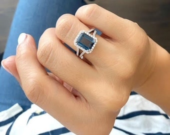 Der königliche Ring! Blauer Topas-Ring, Blauer Topas London, besetzt mit natürlichen weißen Diamanten, Heiligenschein und geteilter Diamantschiene, groß und sehr beeindruckend