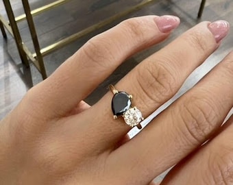 Toi et Moi Diamond Engagement Ring, Toi et Moi Ring, Two Stone Ring, 1.5 Carat Black Pear and 0.80 Carat Lab Grown White Diamond, 14k Gold