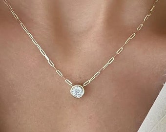 Solitaire Diamond Bezel Setting Pendant and Chain, 0.8 Carat Lab Grown Diamond Pendant, Bezel Setting Lab Diamond Necklace, 14K Yellow Gold