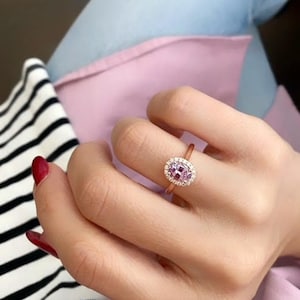 1.22 Ct Purple Spinel Gemstone Ring, Oval Gemstone Engagement Ring, Beautiful Purple Oval Spinel Stone With Diamond Halo in 14k Rose Gold image 1