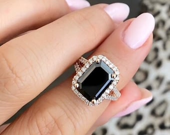Black Emerald Diamond Engagement Ring, Large Rose Gold Statement Ring with Diamonds, Big Black Diamond Promise Halo Ring, 14K Rose Gold