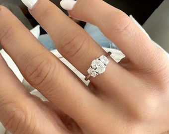 Amazing 3 Stone 2.17 Carat Lab Diamond Ring, Three Ovals Lab Grown Diamonds Engagement Ring, Delicate Design Ring In 14K White Gold