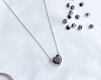 1,5 Karat Black Diamond Herz Anhänger, Natürliche Black Diamond Herz Halskette 14k Weißgold, Zierliche Herzform Halskette, Valentinstag Geschenk