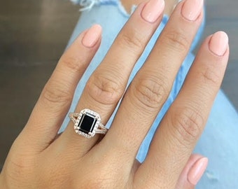 3.6 Emerald Cut Black Diamond Ring, Black Diamond Halo Engagement Ring 14K Rose/Yellow/white Gold With White Diamonds Split Shank and Halo