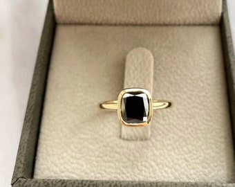 Cushion Cut Black Diamond Solitaire Ring, Black Diamond Engagement Ring, 1.76 Carat Black Diamond Ring, Bezel Setting In 14k Yellow Gold