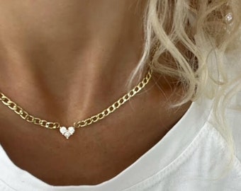 Beautiful heart Necklace with Lab Grown Diamond on 14k Gold Chain - Choker Style