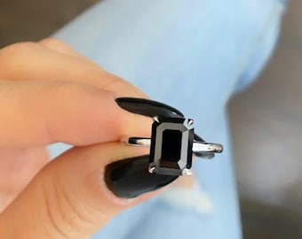 Black Diamond Engagement Ring, 3.43 Carat Black Diamond Emerald Cut 4 Prongs Solitaire Ring, 14k White Gold, Black Diamond  Ring