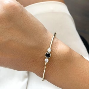 Diamond Bangle Bracelet 14k Yellow Gold, 3 Stones Bangle Bracelet Set With 2 White Diamonds and 1 Black Diamond In The Middle, Beautiful!