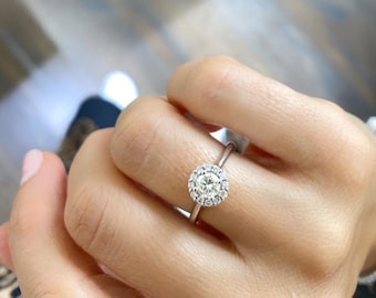 Naturalny pierścionek zaręczynowy z diamentami Halo, 14-karatowy pierścionek zaręczynowy z diamentami w kolorze białego złota, oszałamiająca obrączka ślubna z diamentami
