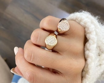 Rose Gold and Diamonds Signet Ring, Statement Gold with Real White Diamonds Pinky Ring, Unisex Little Finger Diamond Ring 14K Solid Gold