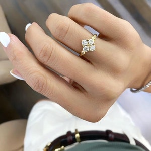 Beautiful 4 Diamonds set as a Diamond Shape Ring In 14k Solid Gold with 2 Side Small Diamonds. Delicate Detailed Gold Band