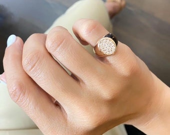 Rose Gold and Diamonds Signet Ring, Statement Gold with Real White Diamonds Pinky Ring, Unisex Little Finger Diamond Ring 14K Solid Gold