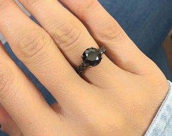 Big Black Diamond Engagement Ring, Black Diamond Promise Ring, Black Alternative Engagement Ring, 14k White Gold & Black Rhodium. Extra Chic