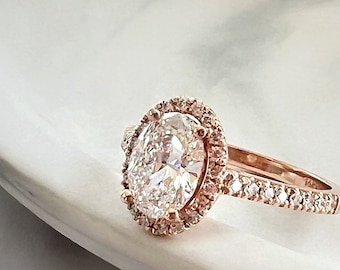 1.20 Carat Lab Grown Oval Diamond Engagement Ring, Lab Oval Halo Diamond Ring, Royal Design Rose Gold Oval Ring, 14K Rose/White/Yellow Gold