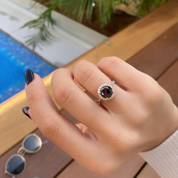 2.90 Carat Black Diamond Engagement Promise Ring, Natural White Diamonds  Halo, 14k Rose Gold, Big Black Diamond Alternative Engagement Ring 