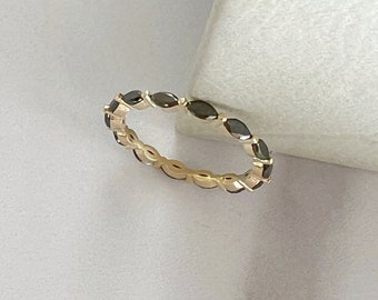 Schwarzer Marquise Diamanten Eternity Ring, 14 schwarze Diamanten Marquise Cut Eternity Ring in 585er Massivgold, zierlicher schwarzer Eternity Ehering