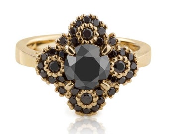 Flower Black Diamond Engagement Ring, Vintage Style Black Diamond Alternative Engagement ring, Flower Black Diamond Promise Ring 14k Gold