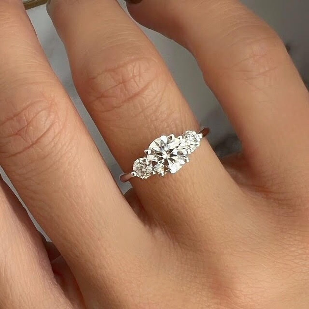 Three Stone Lab Diamond Ring, Round Cut Lab Created Diamond and 2 Round Side Diamonds, Lab Grown