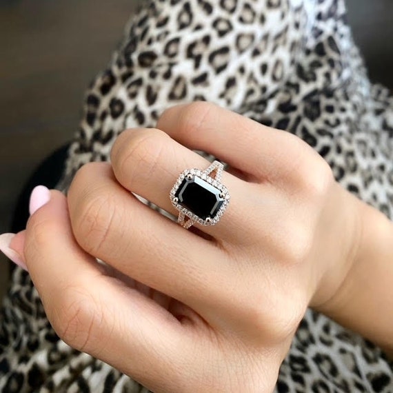 Big 5.19 Carat Emerald Cut Natural Black Diamond Engagement Ring With 2  Lines of Colorless Diamonds, Each Side and Diamond Halo, 14k Gold 