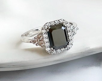 2.2 Carat Emerald Cut Black Diamond Engagement Ring - Halo Promise Ring, 14k White Gold with Natural White Side Diamonds
