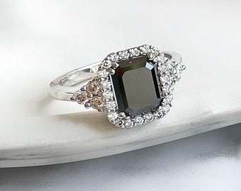 2.2 Emerald Cut Black Diamond Engagement Ring, Black Diamond Halo Promise Ring, 14k White Gold Set with Natural White Side Diamonds and Halo