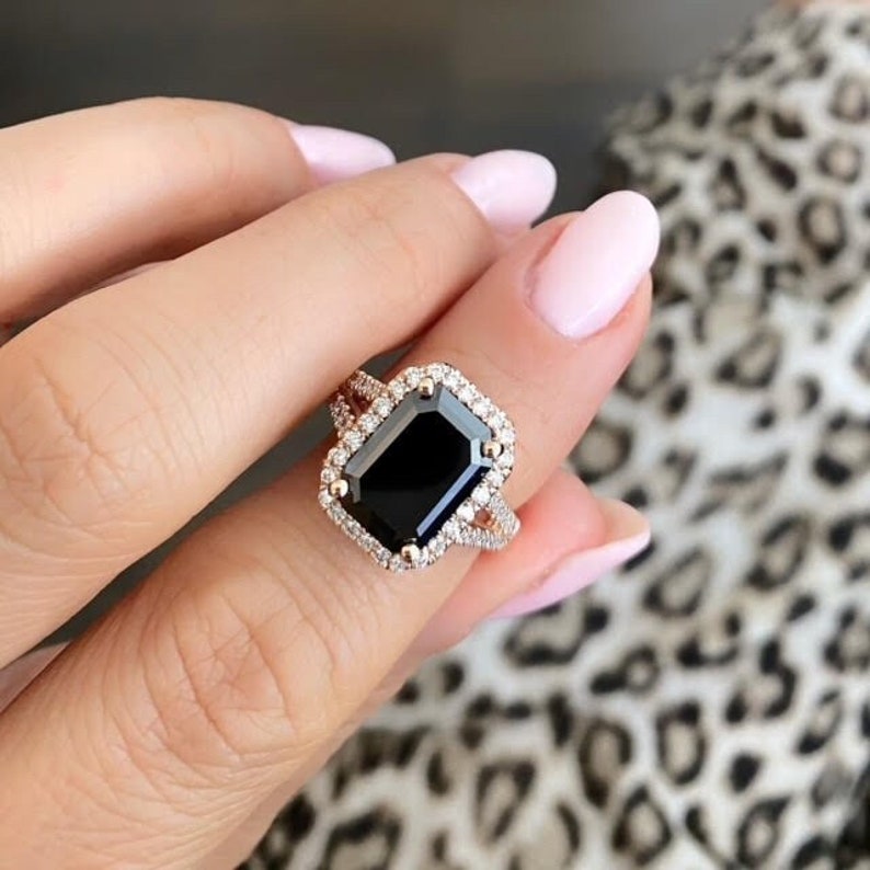 Big 5.19 Carat Emerald Cut Natural Black Diamond Engagement Ring With 2 Lines Of Colorless Diamonds, Each Side and Diamond Halo, 14k Gold image 1