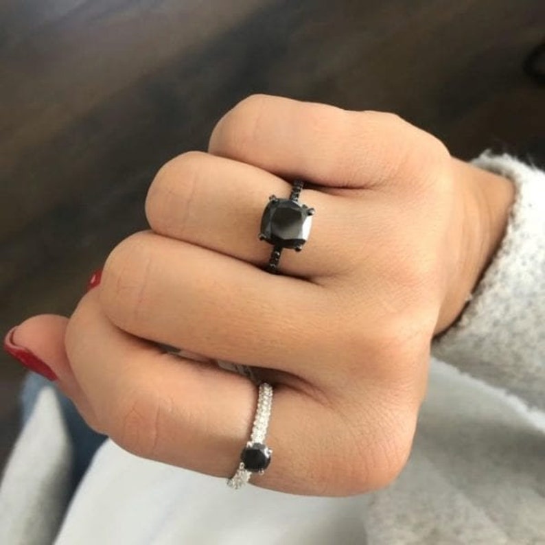 Big 3 Carat Cushion Cut Black Diamond Engagement Ring, Black Diamonds Band In 14k White Gold and Black Rhodium, Black Diamond Promise Ring image 5