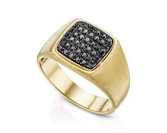 May include: A gold signet ring with a square black diamond setting.