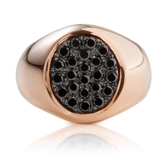 Rose Gold and Black Diamonds Signet Ring, Statement Gold With