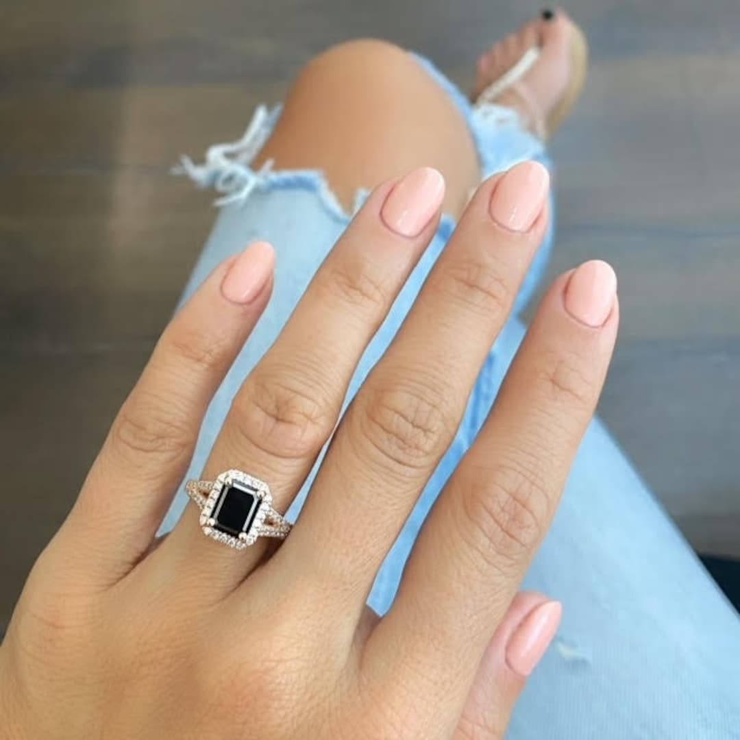 Big 5.19 Carat Emerald Cut Natural Black Diamond Engagement Ring With 2  Lines of Colorless Diamonds, Each Side and Diamond Halo, 14k Gold -   Israel