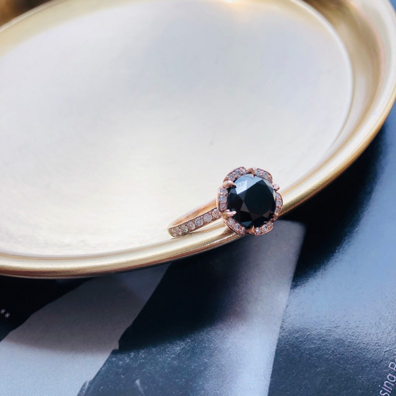 2.70 carat Black Diamond Rose Shaped Engagement Ring, 14K Rose Gold Black Diamond Wedding Ring image 3