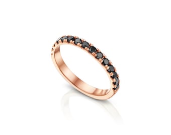 Solid Rose Gold and Black Diamond Half Eternity Ring, Pave Setting Black Diamond Promise Ring, 14K Gold Diamond Stacking Ring