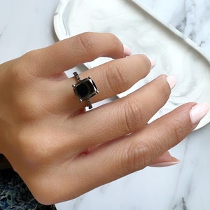 Big 3 Carat Cushion Cut Black Diamond Engagement Ring, Black Diamonds Band In 14k White Gold and Black Rhodium, Black Diamond Promise Ring image 9