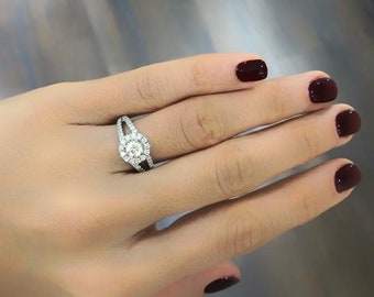 1ct+ Natural Diamond Engagement Ring, 14k Solid White Gold Halo Diamond, Vintage Style Diamond Wedding Ring