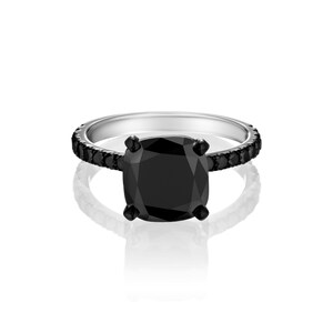 Big 3 Carat Cushion Cut Black Diamond Engagement Ring, Black Diamonds Band In 14k White Gold and Black Rhodium, Black Diamond Promise Ring image 3