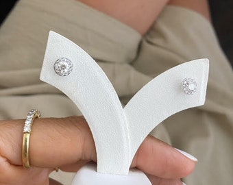14K White Gold Diamond Halo Studs, Solid Gold Halo Earrings, 0.43CT Diamond Studs, Bridal Real Diamond Stud Earrings