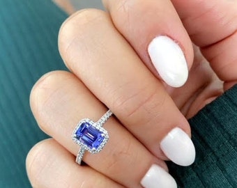 Emerald Cut Tanzanite Ring, Tanzanite Halo Engagement Ring, 1.12 Carat Emerald Cut Tanzanite Halo Ring with 0.30 CT Diamonds 14K White Gold