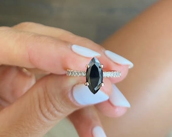 Marquise Cut Black Diamond Ring with White side diamonds in 14k rose gold. Beautiful and Delicate and Yet, So Special!!!