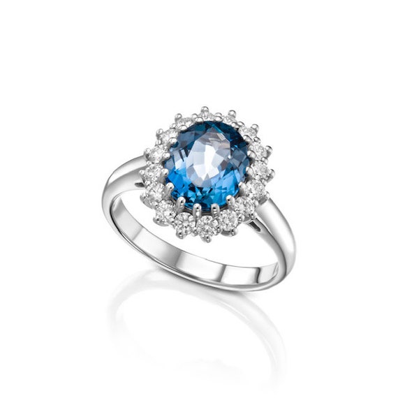 Princess Diana Blue Topaz London Engagement Ring Timeless Unique Oval Blue Ring With 16 Diamonds Halo 14k White Gold Gift for her