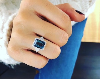 Blue Topaz Ring, Natural 4 Carat Gemstone Blue Topaz London Ring, 14K White Gold, Set with Natural Diamond Halo and Sides, Royal Blue Ring