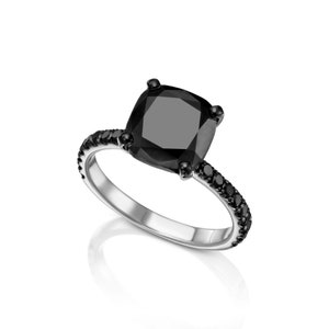 Big 3 Carat Cushion Cut Black Diamond Engagement Ring, Black Diamonds Band In 14k White Gold and Black Rhodium, Black Diamond Promise Ring image 2