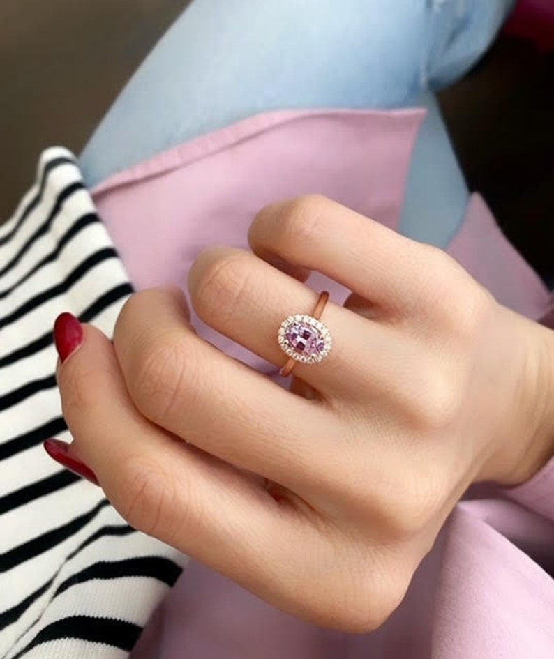 1.22 Ct Purple Spinel Gemstone Ring, Oval Gemstone Engagement Ring, Beautiful Purple Oval Spinel Stone With Diamond Halo in 14k Rose Gold image 1