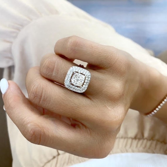 Designer Square Double Halo Solitaire Platinum Engagement Ring for Wom