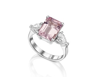 Amazing Natural Pink Morganite, Emerald Cut Ring with 2 Natural Tear Drop Diamonds in 14k White Gold- Pink Engagement Ring