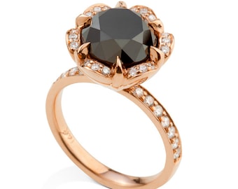 2.70 carat Black Diamond Rose Shaped Engagement Ring, 14K Rose Gold Black Diamond Wedding Ring