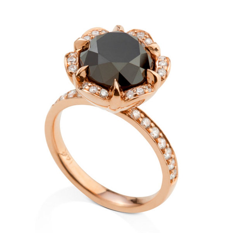 2.70 carat Black Diamond Rose Shaped Engagement Ring, 14K Rose Gold Black Diamond Wedding Ring image 1