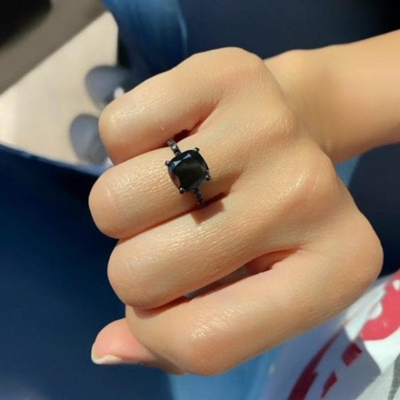 Big 3 Carat Cushion Cut Black Diamond Engagement Ring, Black Diamonds Band In 14k White Gold and Black Rhodium, Black Diamond Promise Ring image 4