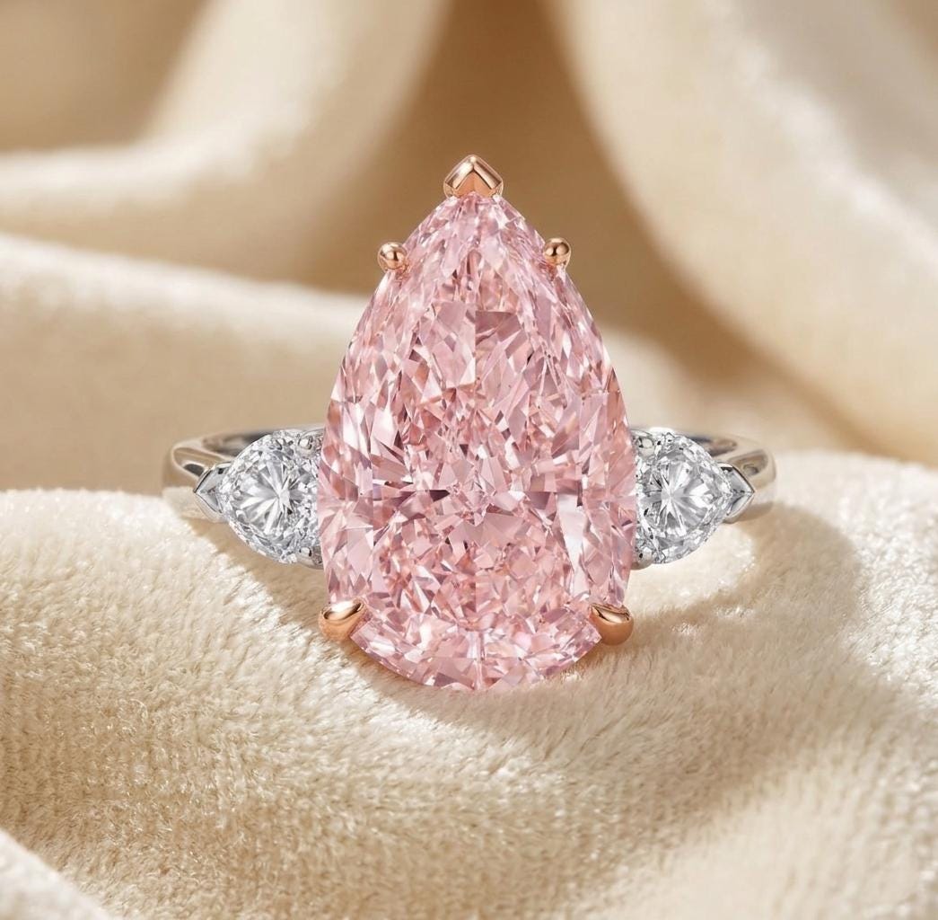 Fancy Pink Lab Diamond Ring, 2 Side Pear Shape Diamonds 14k Gold
